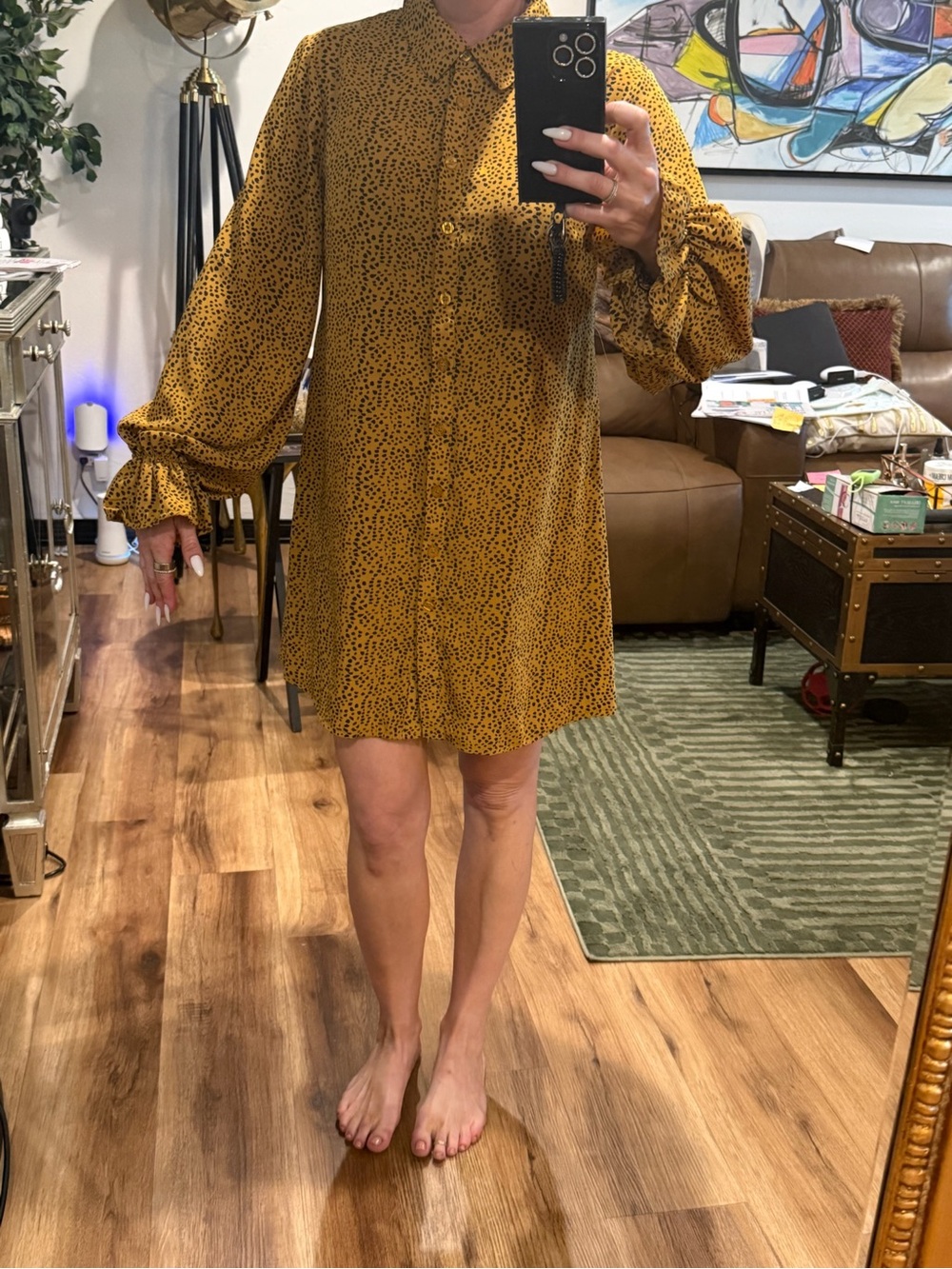 Missguided Women's Mustard Dot Long-Sleeve Shirt Dress - NWOT